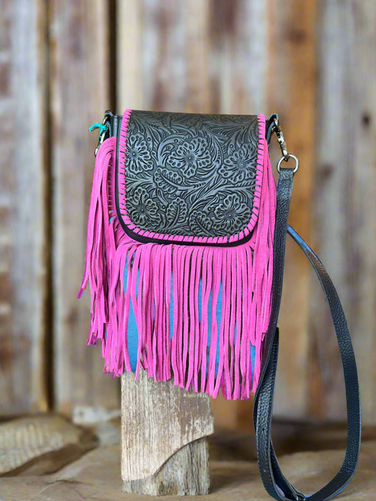 Montana West Genuine Leather Tooled Fringe Crossbody
