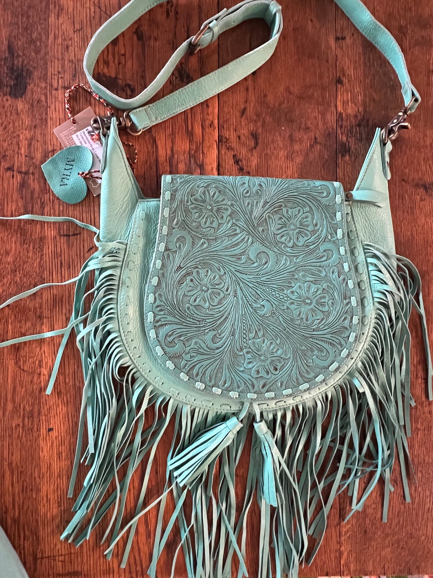 Myra Bag Moonwood Hand-Tooled Bag in Turquoise